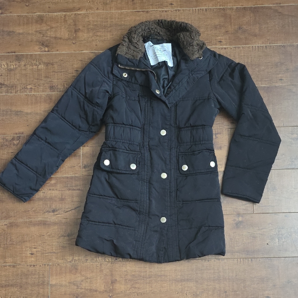 GAP Kids Black Puffer Coat with Brown Fur Trim